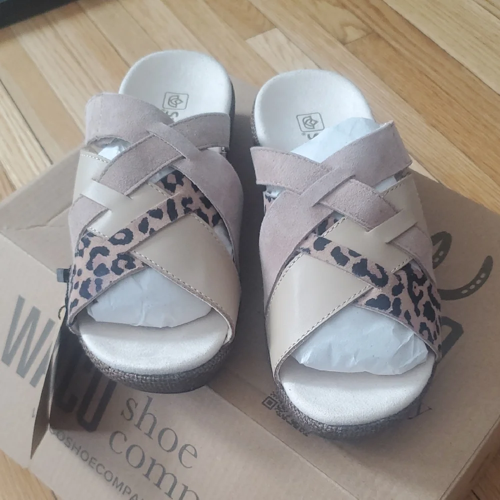 Women's Leopard and Tan Wedge Sandals - Picture 2 of 10